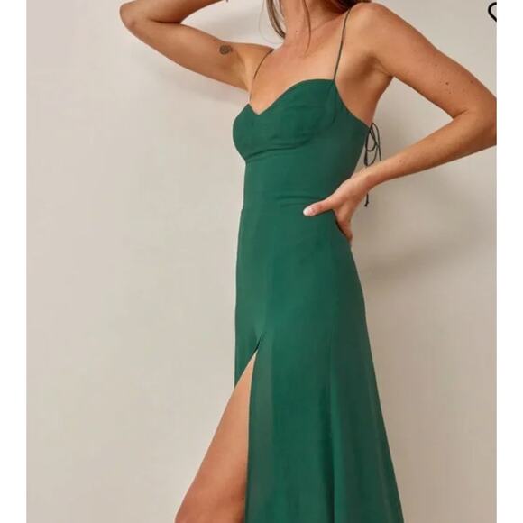 Reformation Juliette Dress Size 10 Green Sweetheart Neckline Slip Midi Tie Strap - Picture 4 of 8